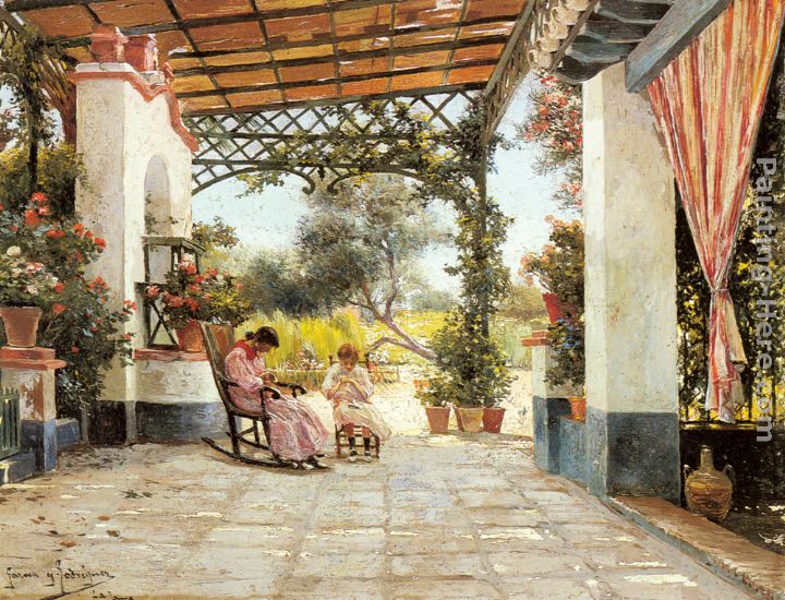 Mother and Daughter Sewing on a Patio painting - Manuel Garcia y Rodriguez Mother and Daughter Sewing on a Patio art painting